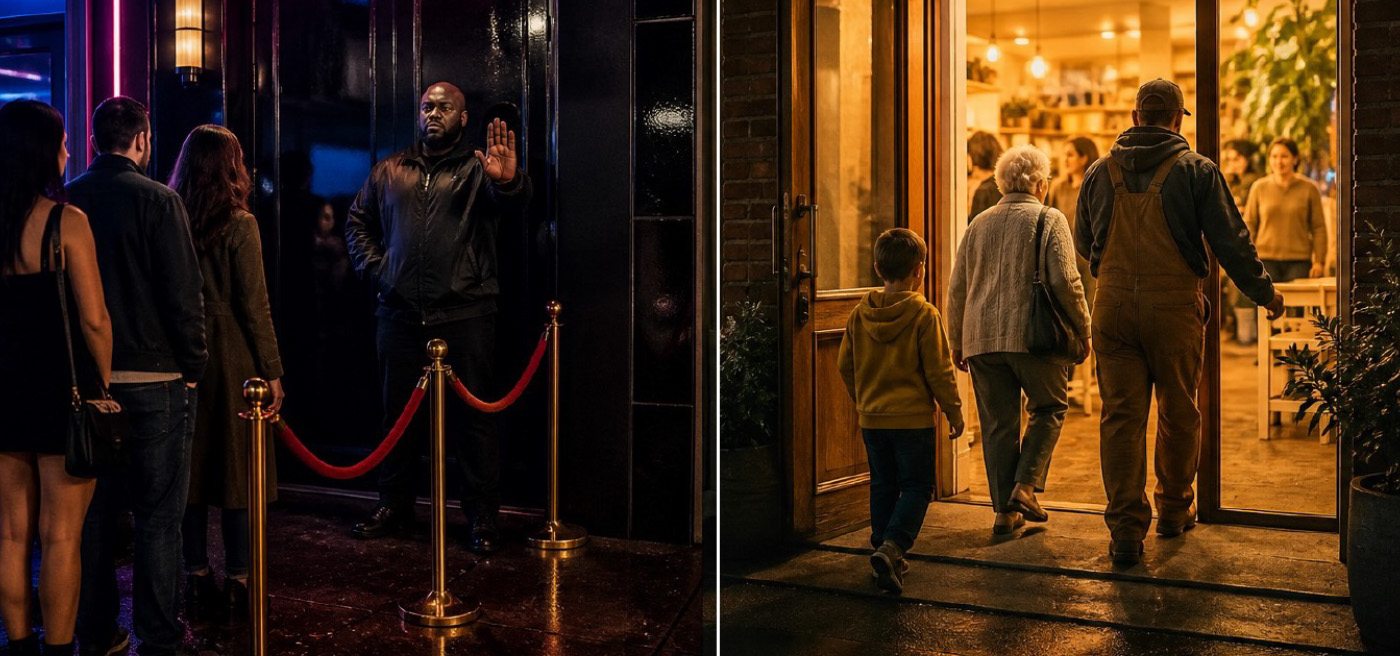 A two panel image that shows a bounder at a door controlling who gets access through a door, the second showing an open door with a variety of people walking in freely.