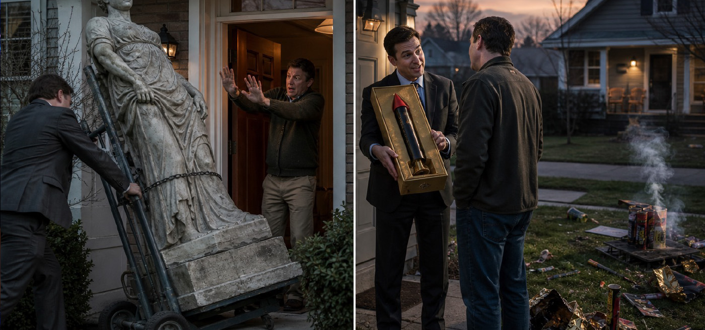 A two panel image that shows a man trying to stop a man in a suit from pushing a large marble statue into his home, the second shows a salesman presenting a man a special single firework, whitch debris from other fireworks on the ground around them.