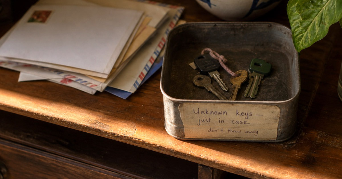 A tray with unmarked keys and a label that reads "Unknown keys – just in case, don't throw away".