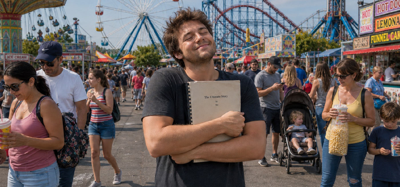 A man standing in the middle of a crowded theme park hugging a spiral bound book with a smile.