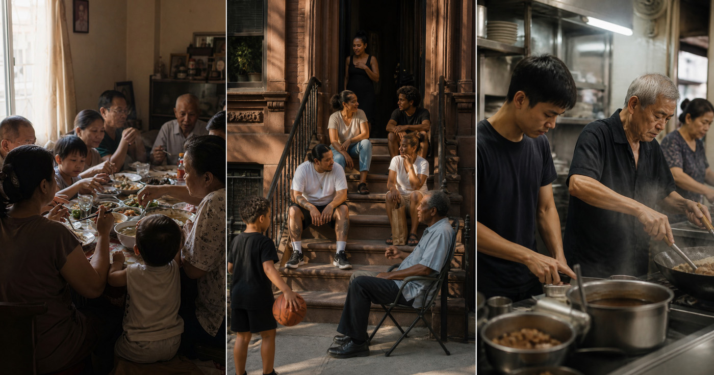 A crowded family table, a group of neighbors on a home's front steps, a family preparing food in a restaurant.