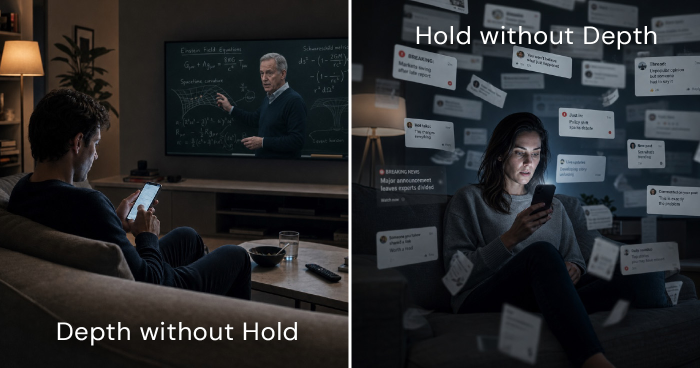 A man looking at his phone screen with lecture on the TV in the background, woman looking at phone screen surrounded by superimposed notification popups.