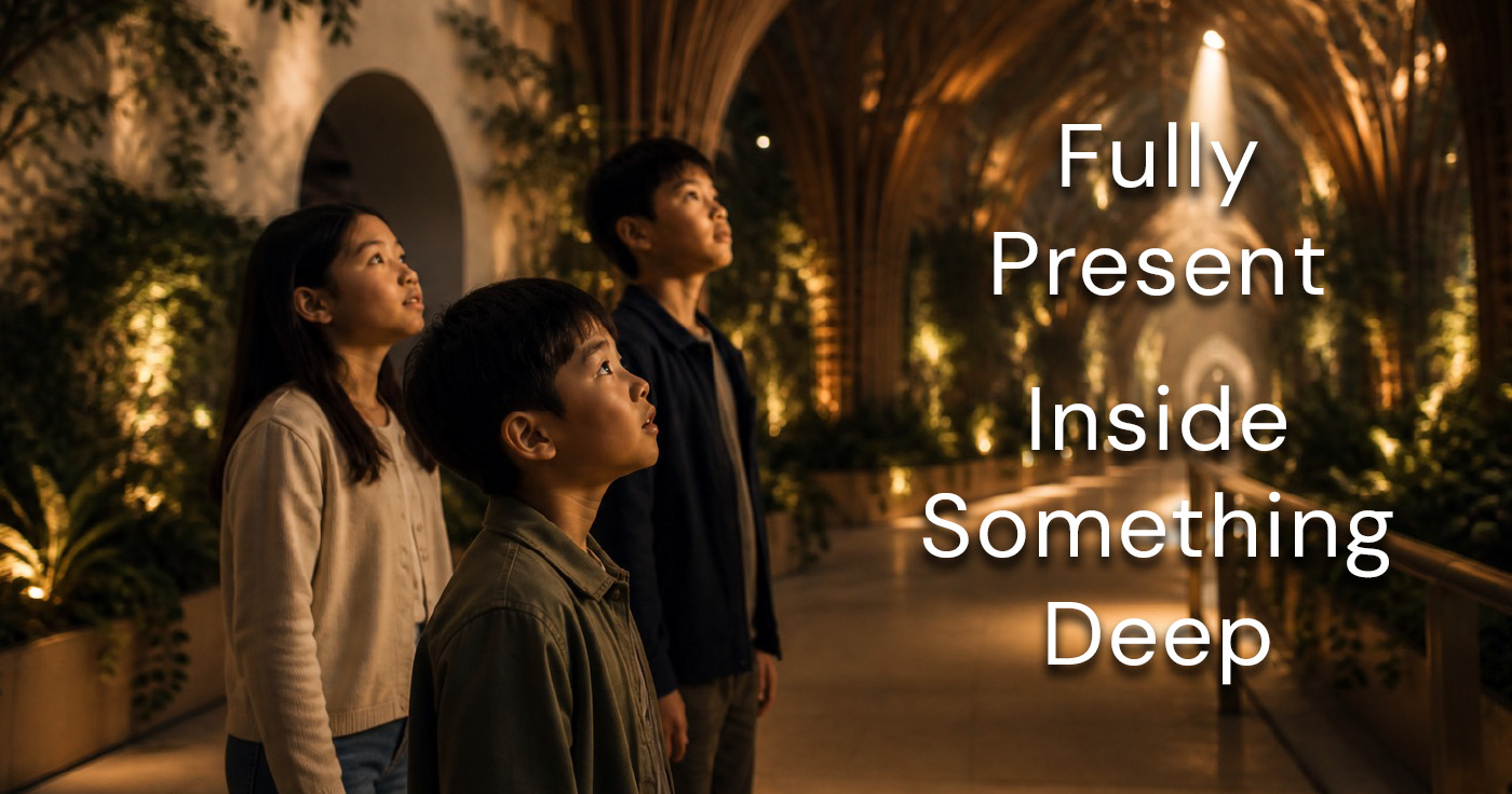 Three children standing in awe in a museum. Fully present, inside something deep.