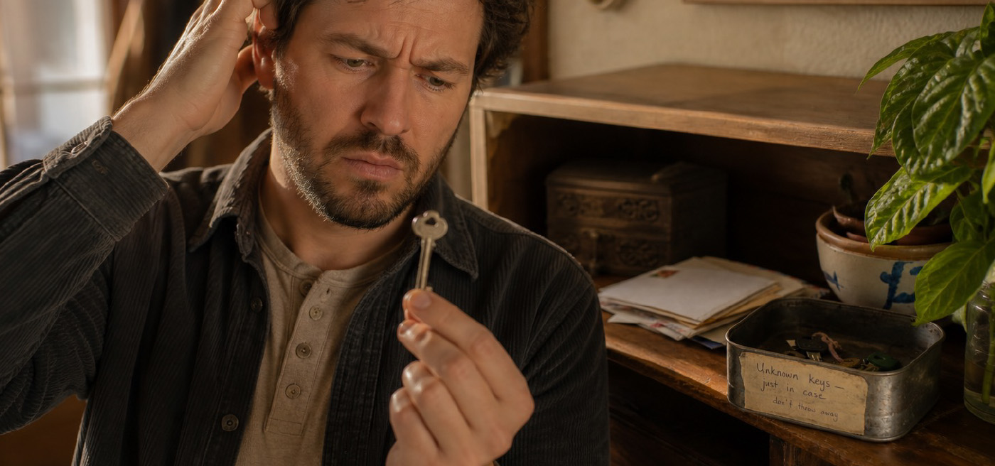 A man scratching his head quizzically examining a single unlabeled key in his hand. A container next to him has many keys in it and a label that reads "Unknown keys – just in case, son't throw away"