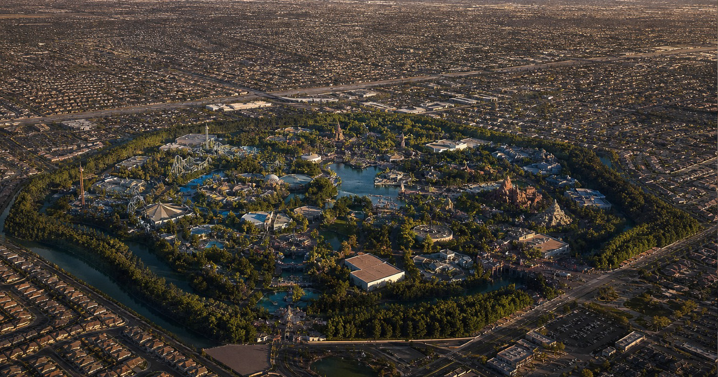 A park with a distinct border in the middle of a dense cityscape.