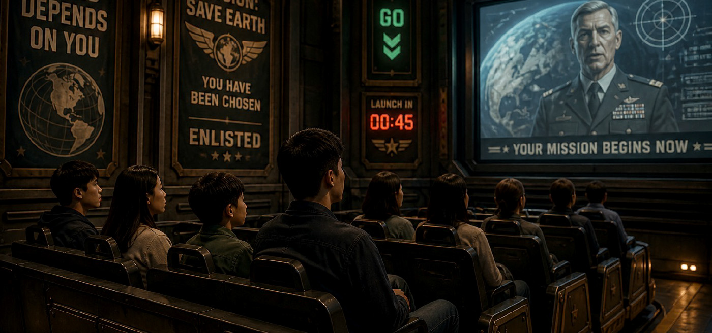 A group of people in a dark ride vehicle with banners and a video briefing enlisting them to save the world while they sit restrained in their seats.
